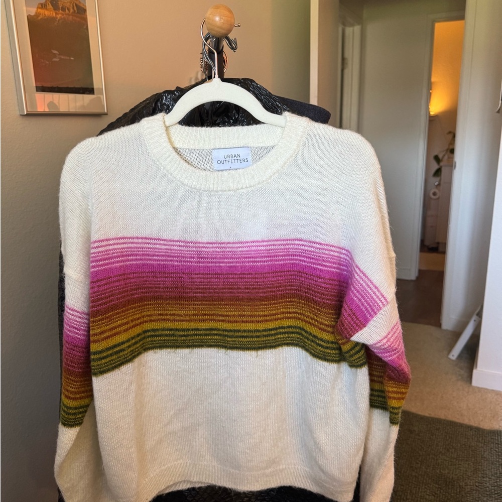 Urban Outfitters Cream Sweater with Pink and Olive Stripe Bands